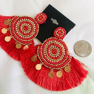 NWT Large Red and Gold Tassel Fringe Earri…